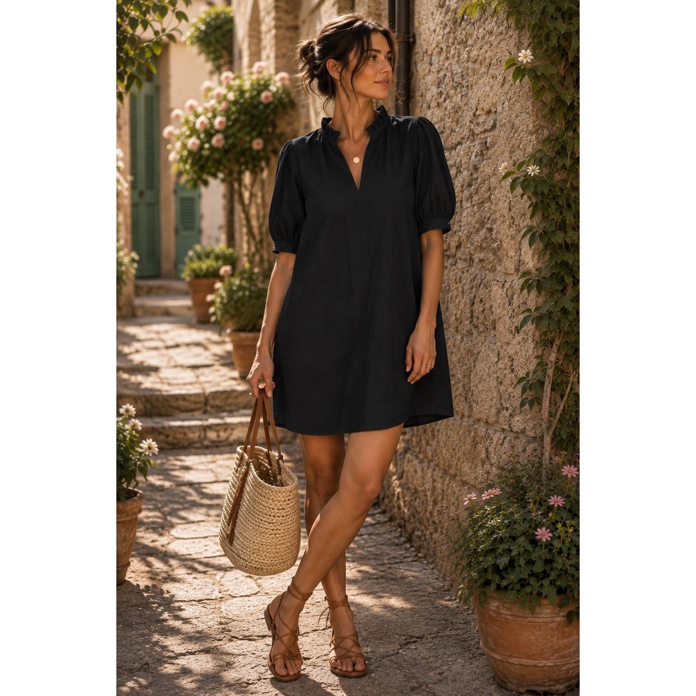 Michelle McDowell Maggie Black Puff Sleeve Ruffle Neck Mini Dress Size L NWT